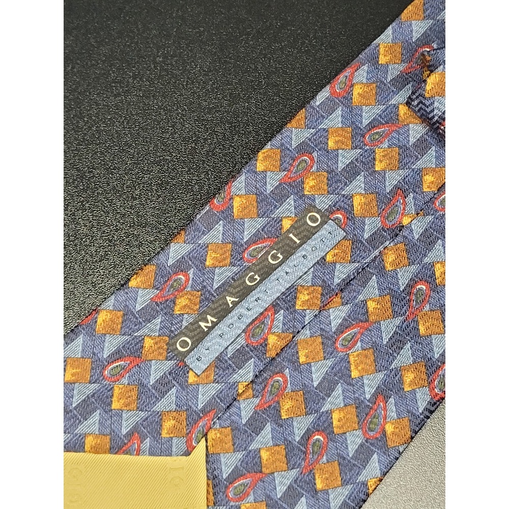 Omaggio Robert Talbott Tie Blue Gold Geometric Paisley Silk Handsewn Italy 21688